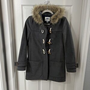 Old Navy Women's  Gray Faux Fur Hooded Duffel Coat Jacket Sz XS Winter Warmth